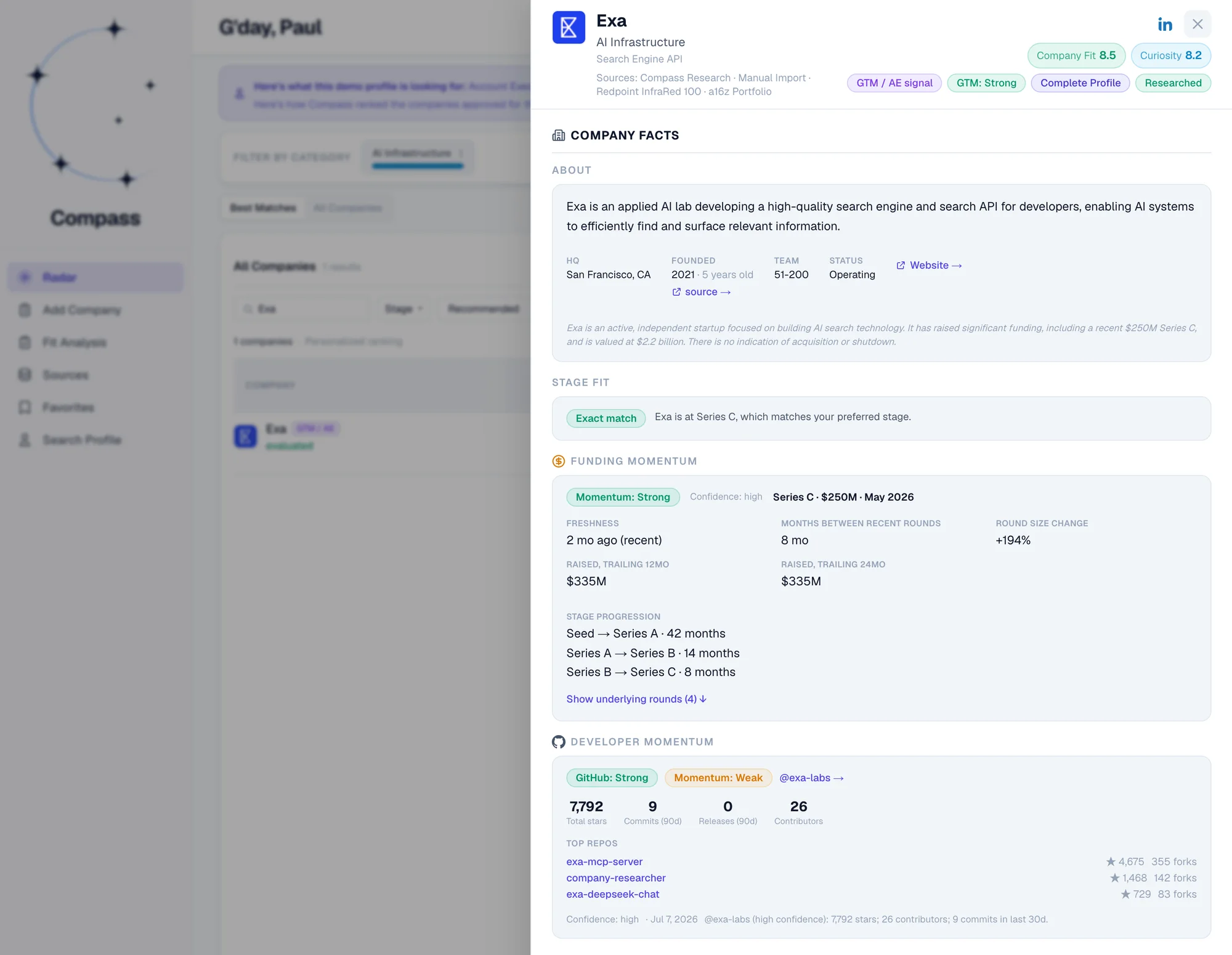 The original Compass company view for Exa, bringing company facts, funding momentum, and developer momentum into one profile.