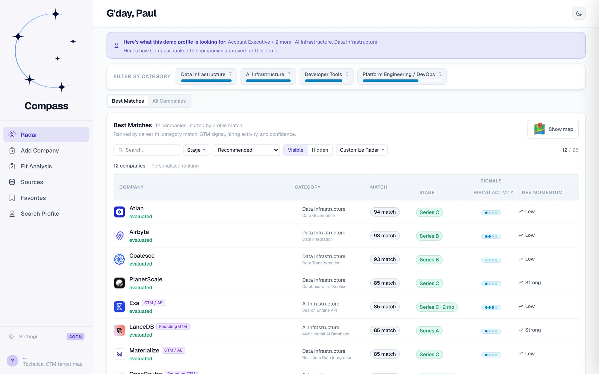 The original Compass Radar showing a ranked list of companies with match, stage, hiring activity, and developer momentum signals.
